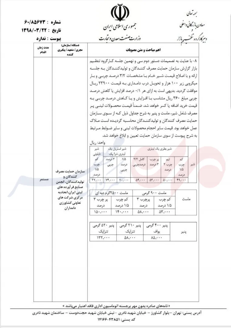 افزایش قیمت شیر و لبنیات